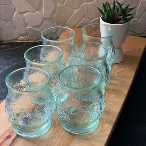 GREEN RECYCLED GLASS | Set of 6 | Vintage Pressed Glass Embossed Glasses